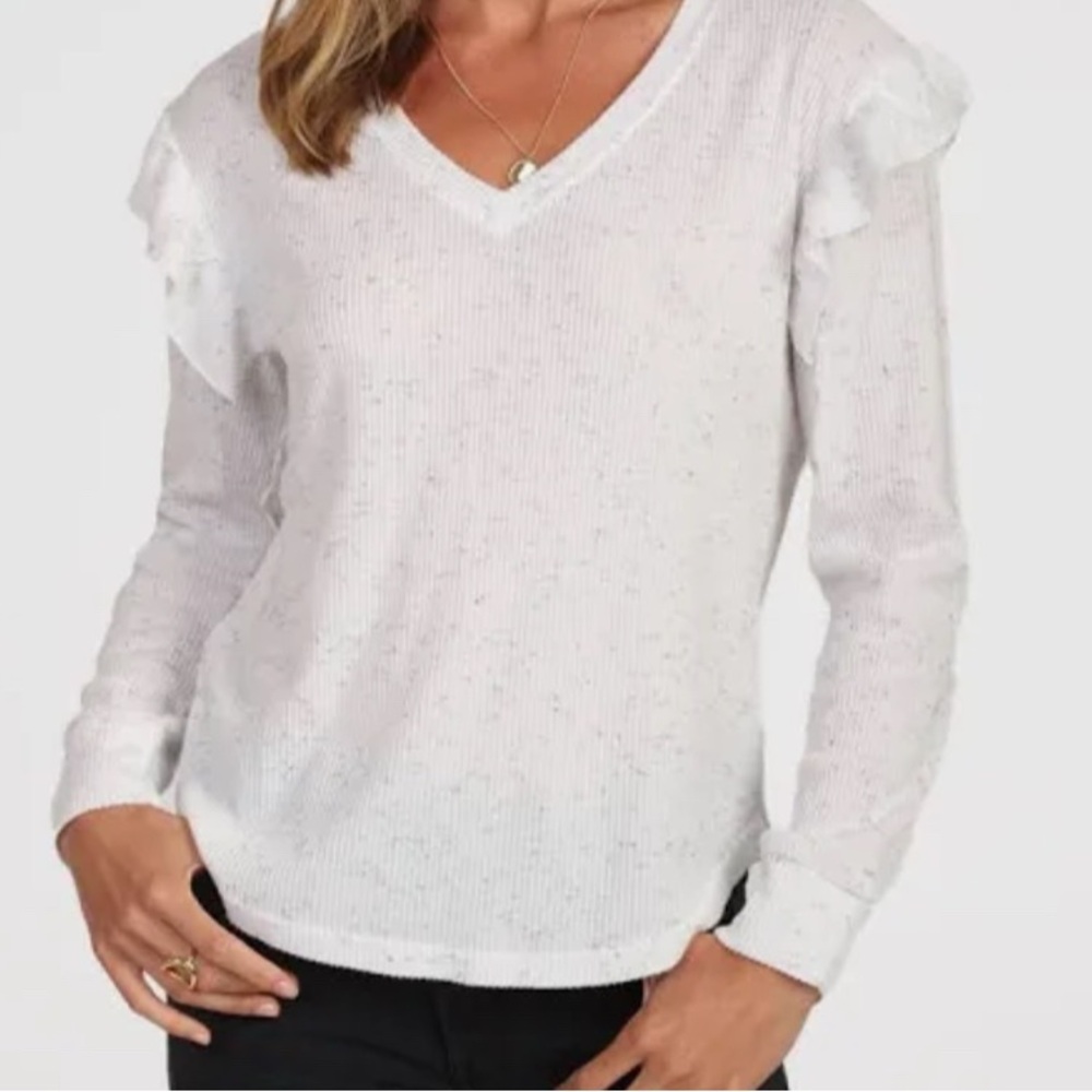 Dylan V Neck Ruffle top. Vintage white with gray. X small